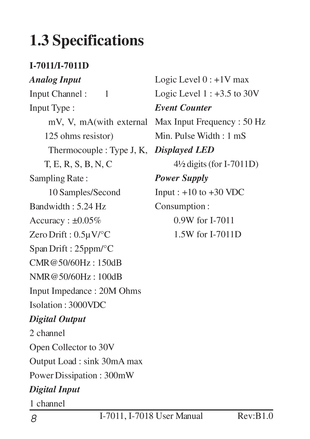 B&B Electronics user manual Specifications, 7011/I-7011D 