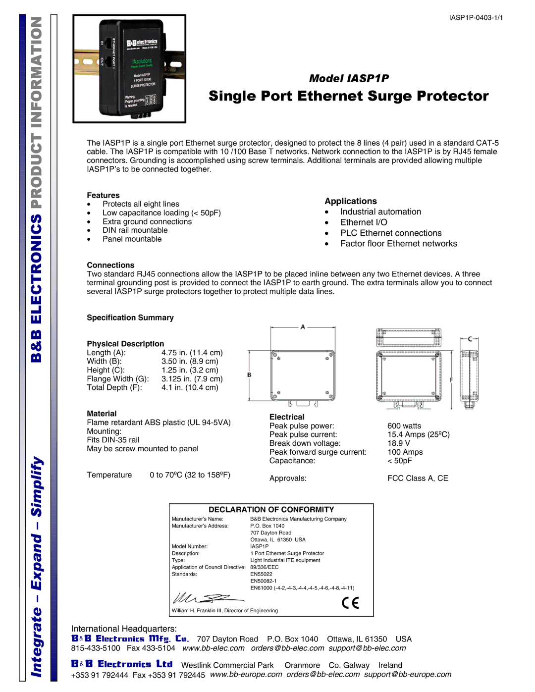B&B Electronics IASP1P specifications Simplify, Integrate Expand 