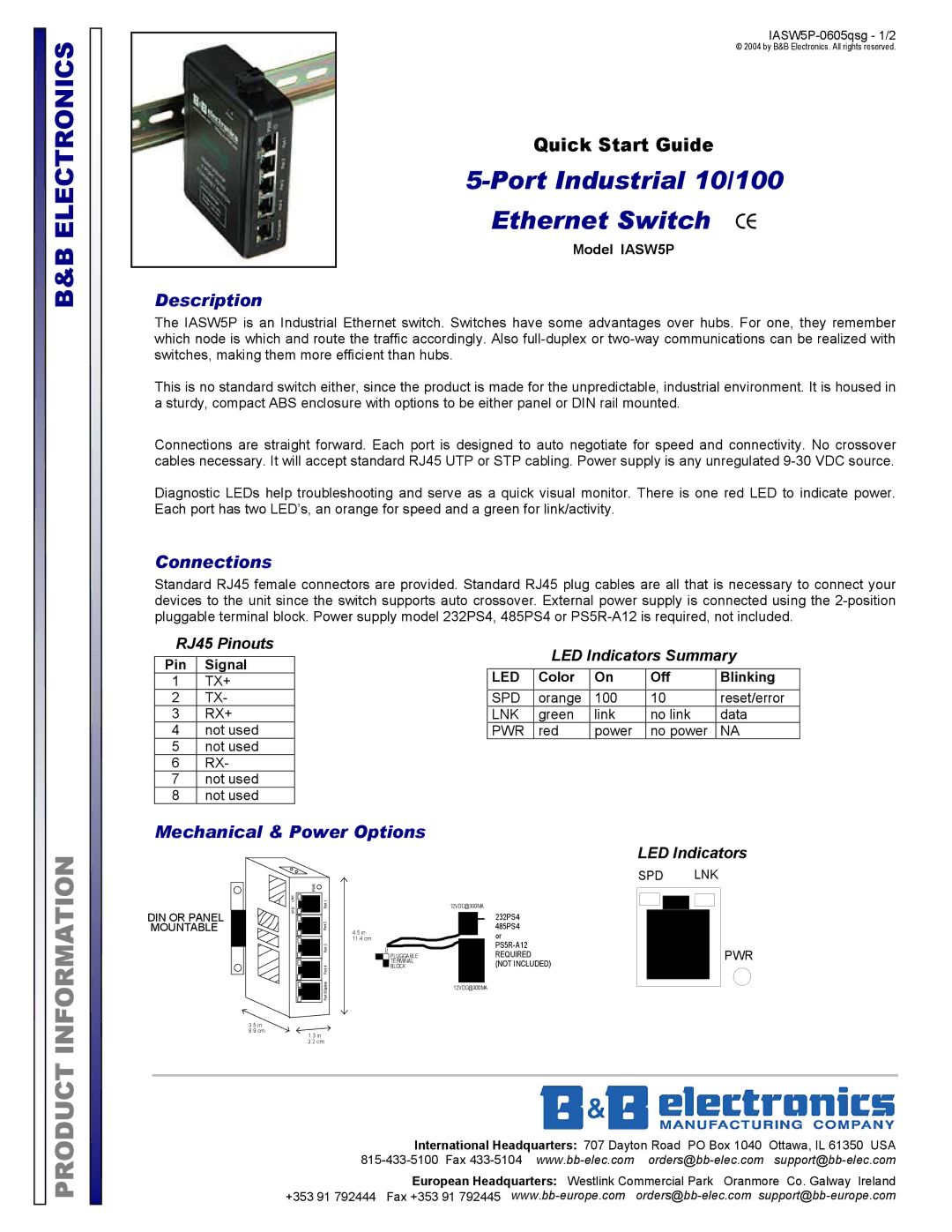 B&B Electronics IASW5P quick start Description, Connections, Mechanical & Power Options 