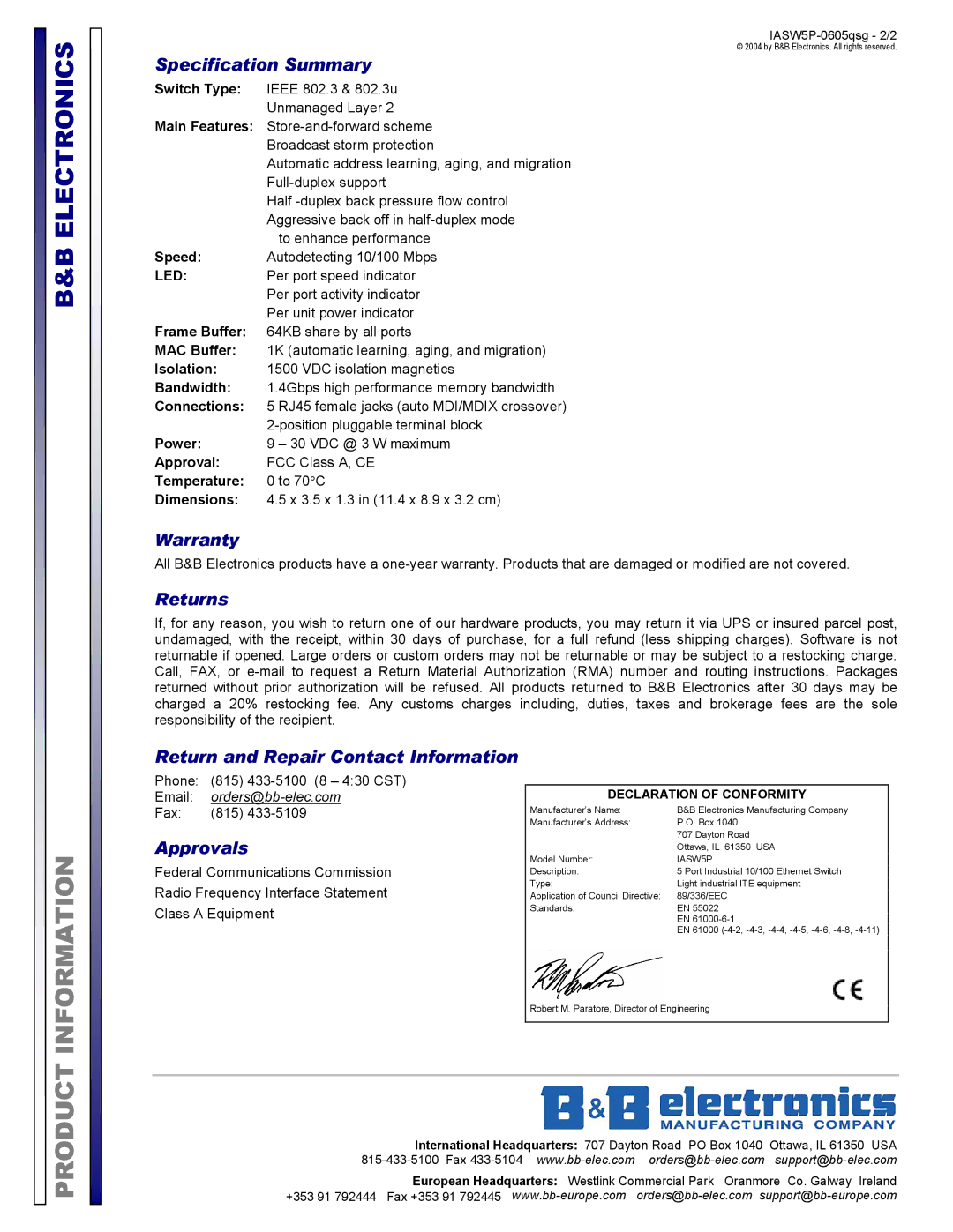 B&B Electronics IASW5P Specification Summary, Warranty, Returns, Return and Repair Contact Information, Approvals 