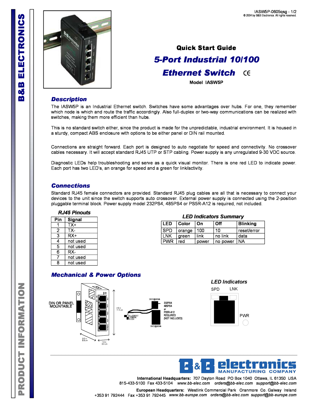 B&B Electronics IASW5P quick start B&B Electronics, Description, Connections, Mechanical & Power Options, RJ45 Pinouts 