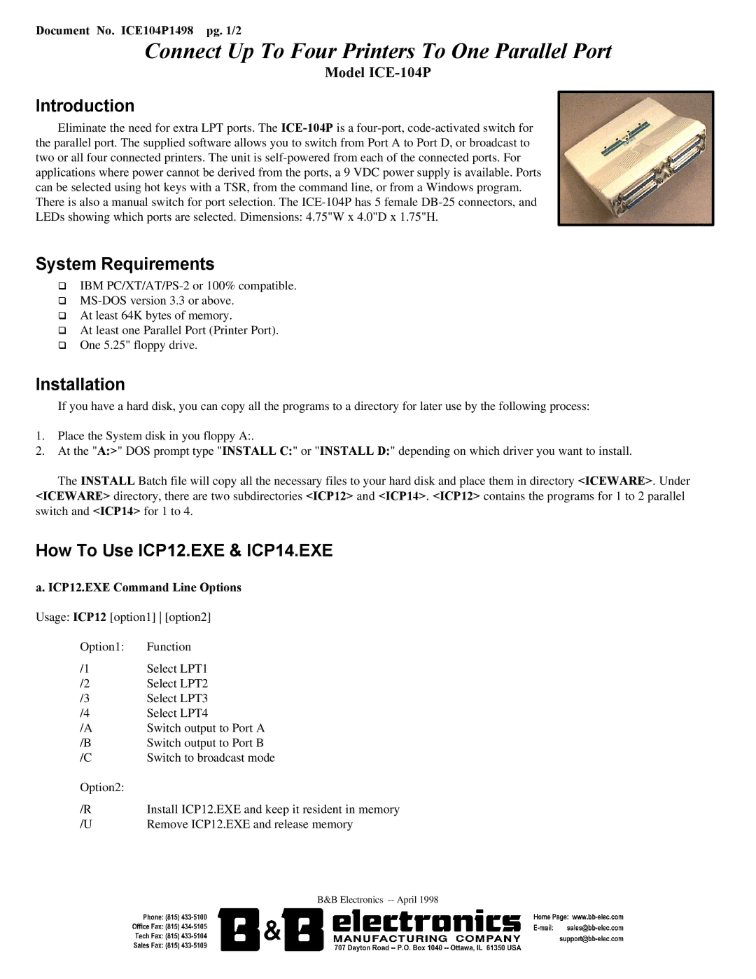 B&B Electronics ICE-104P dimensions Connect Up To Four Printers To One Parallel Port, Introduction, System Requirements 