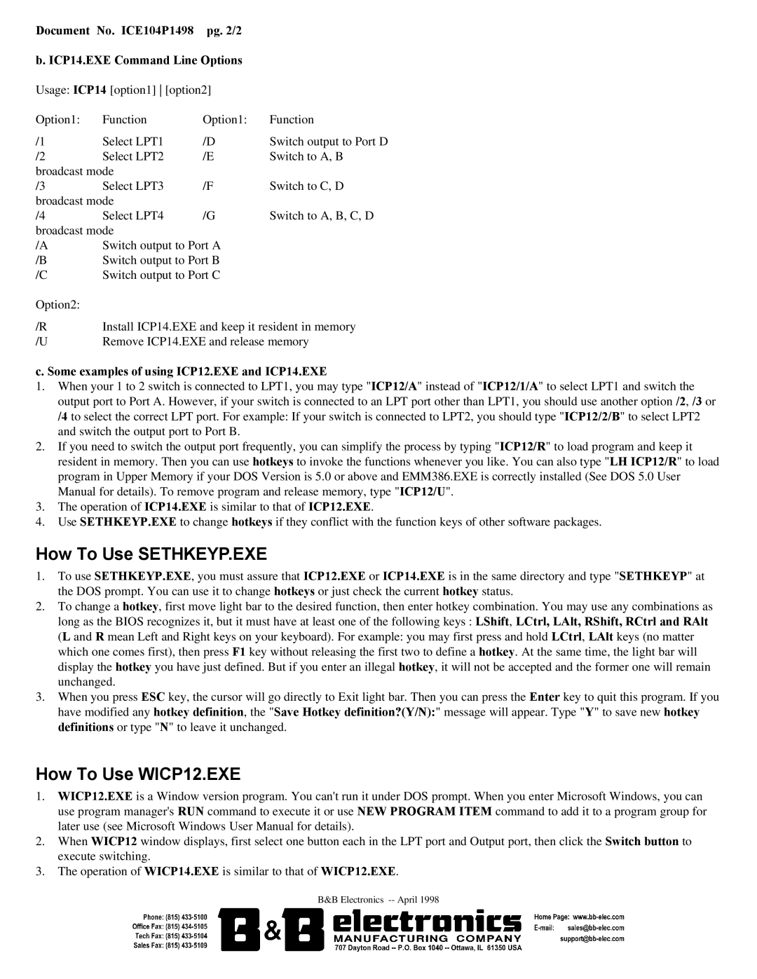 B&B Electronics ICE-104P How To Use SETHKEYP.EXE, How To Use WICP12.EXE, Some examples of using ICP12.EXE and ICP14.EXE 