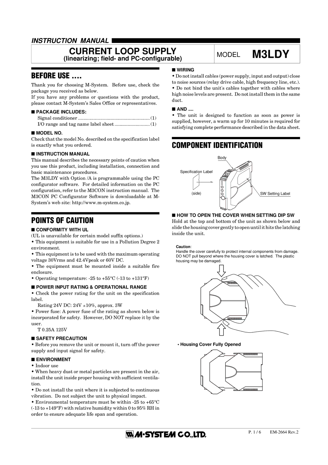 B&B Electronics M3LDY instruction manual Before USE, Component Identification, Points of Caution 