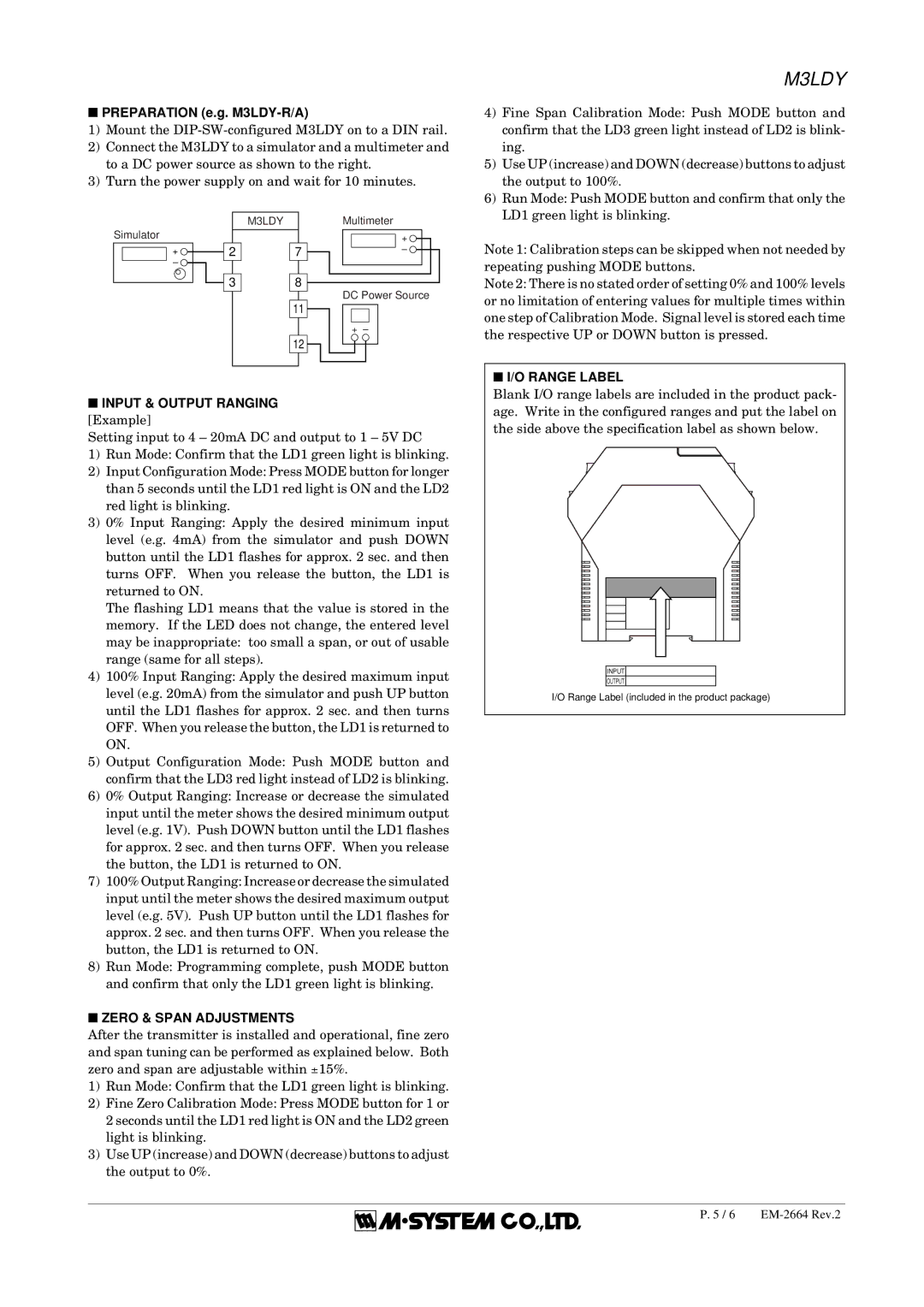 B&B Electronics Preparation e.g. M3LDY-R/A, Range Label Input & Output Ranging, Zero & Span Adjustments 