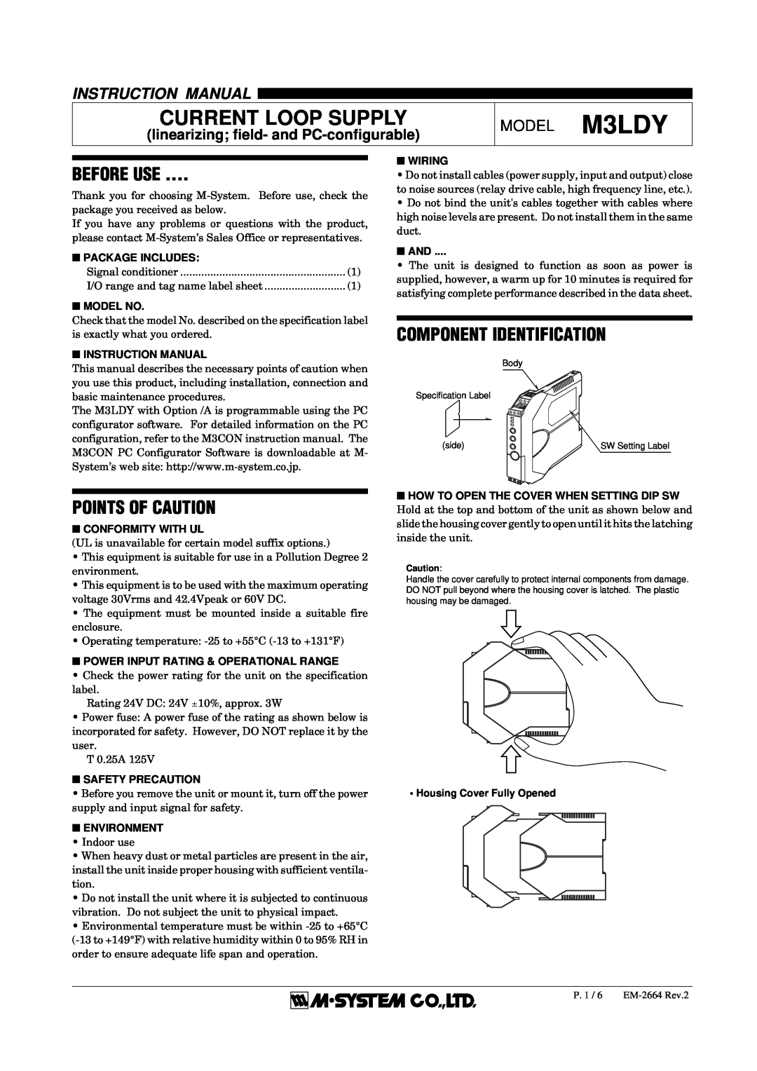 B&B Electronics M3LDY instruction manual Before Use, Component Identification, Points Of Caution, Current Loop Supply 