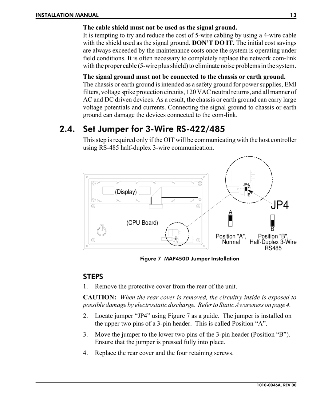 B&B Electronics MAP450D Set Jumper for 3-Wire RS-422/485, Cable shield must not be used as the signal ground 