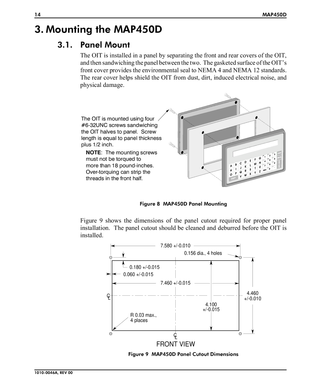 B&B Electronics installation manual Mounting the MAP450D, Panel Mount 