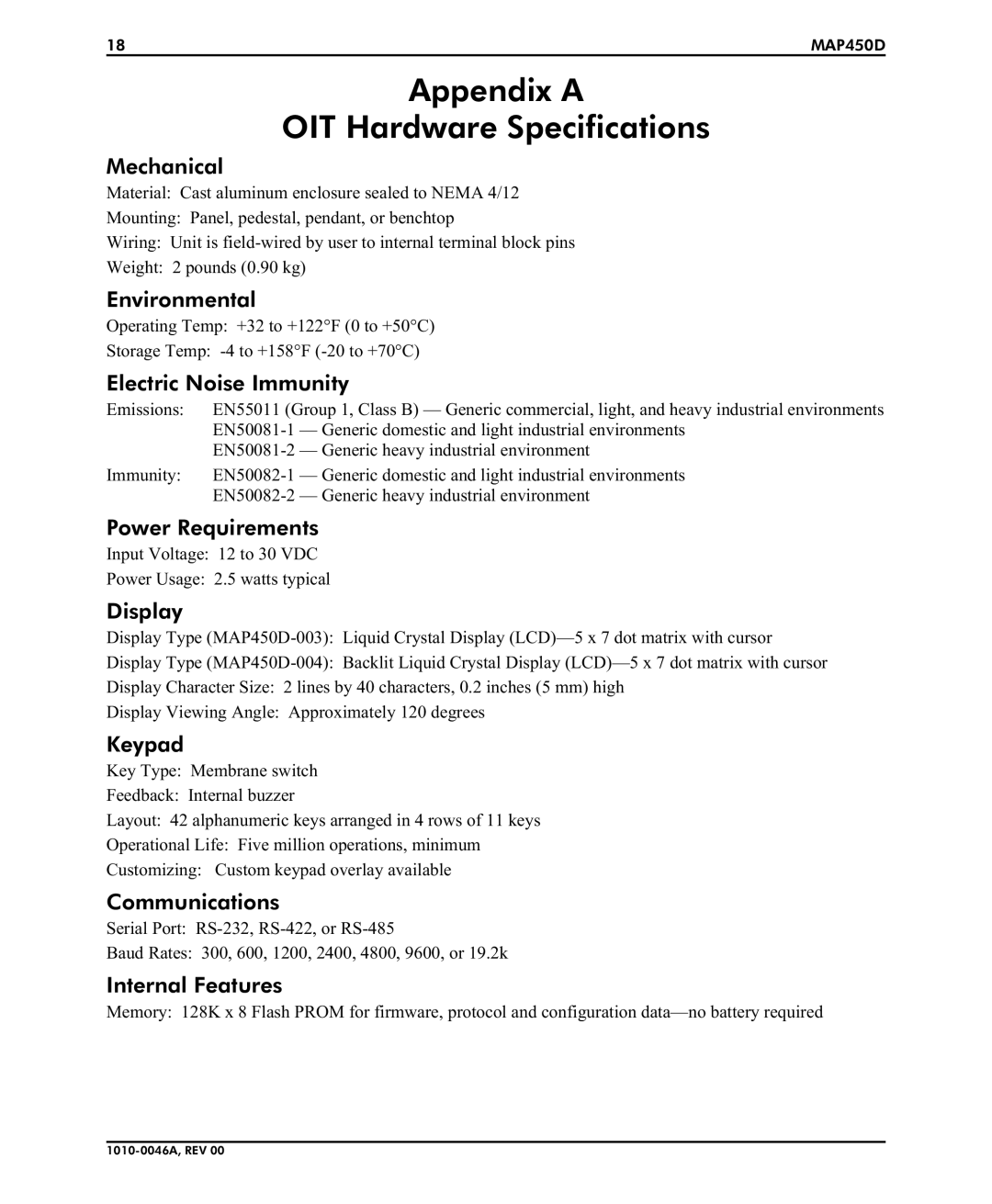 B&B Electronics MAP450D installation manual Appendix a OIT Hardware Specifications, Mechanical 