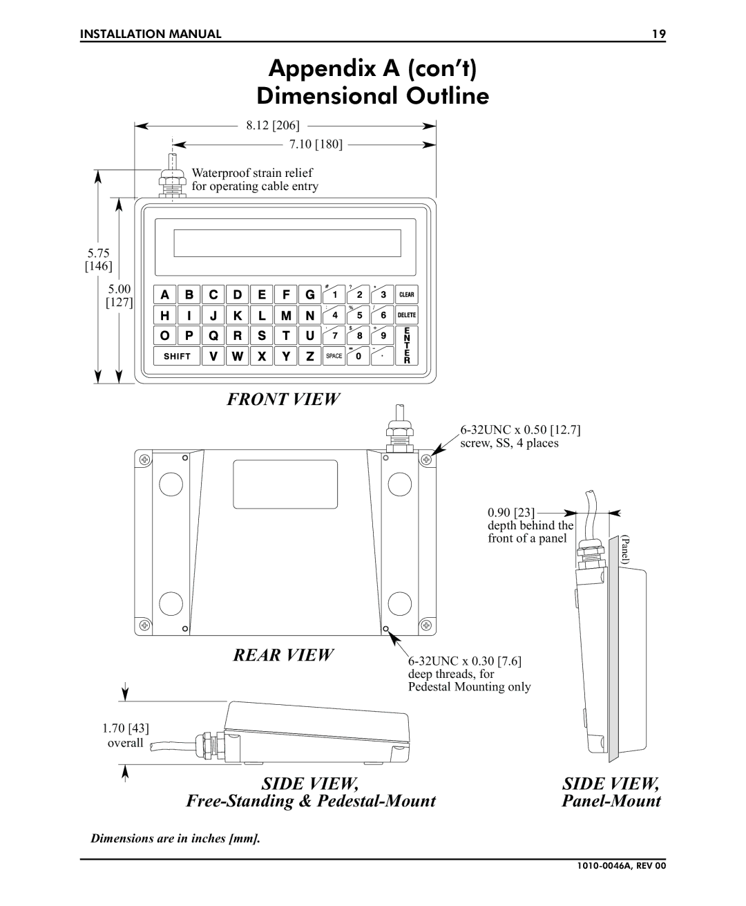 B&B Electronics MAP450D installation manual Appendix a con’t Dimensional Outline, Front View Rear View 