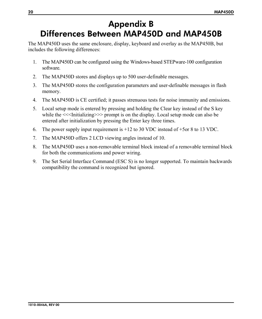 B&B Electronics installation manual Appendix B Differences Between MAP450D and MAP450B 