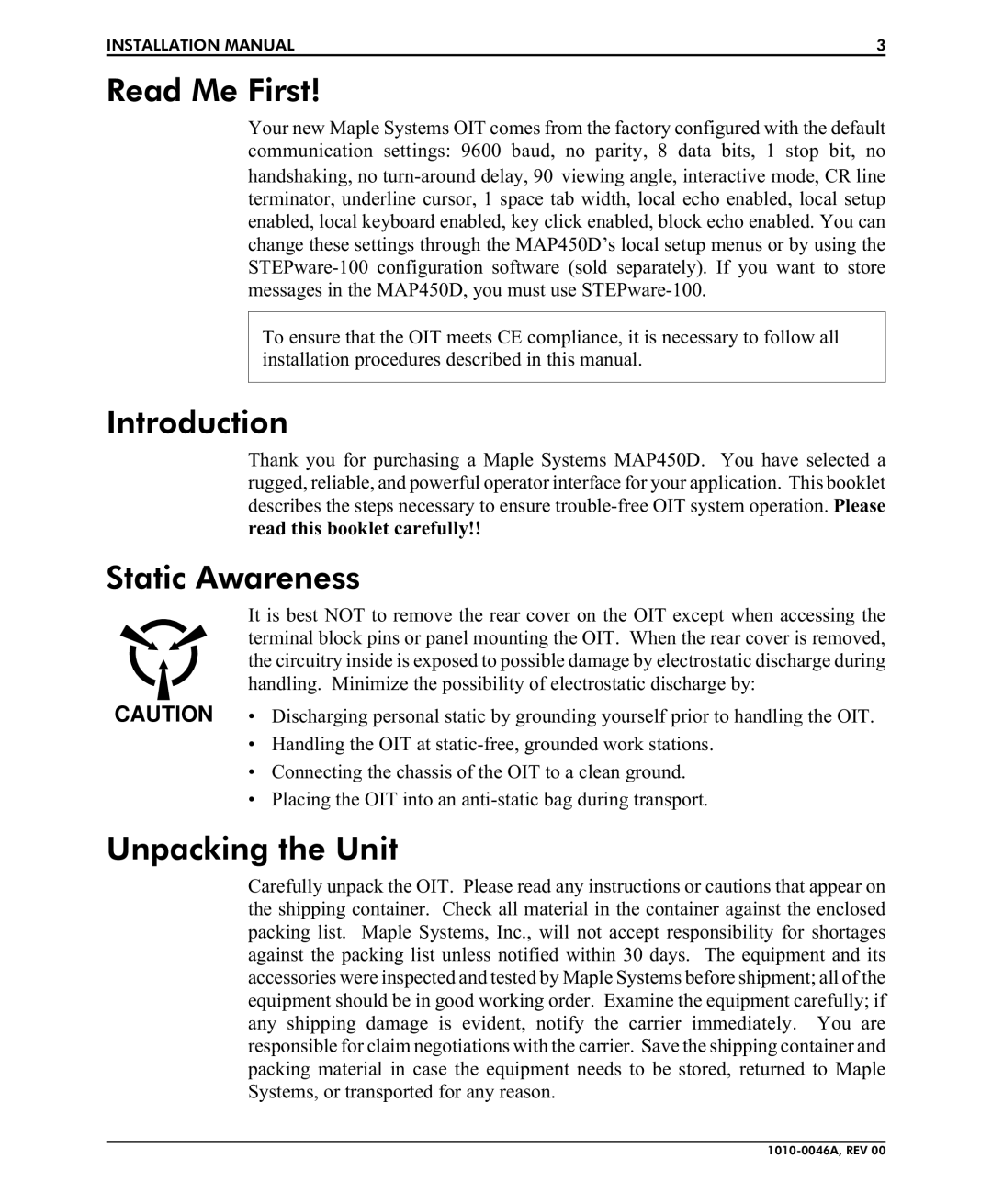 B&B Electronics MAP450D installation manual Read Me First, Introduction, Static Awareness, Unpacking the Unit 