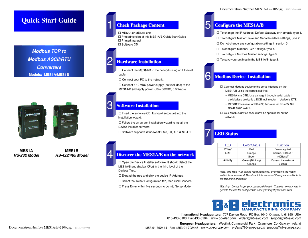 B&B Electronics MES1A/MES1B quick start Check Package Content, Hardware Installation, Software Installation, LED Status 