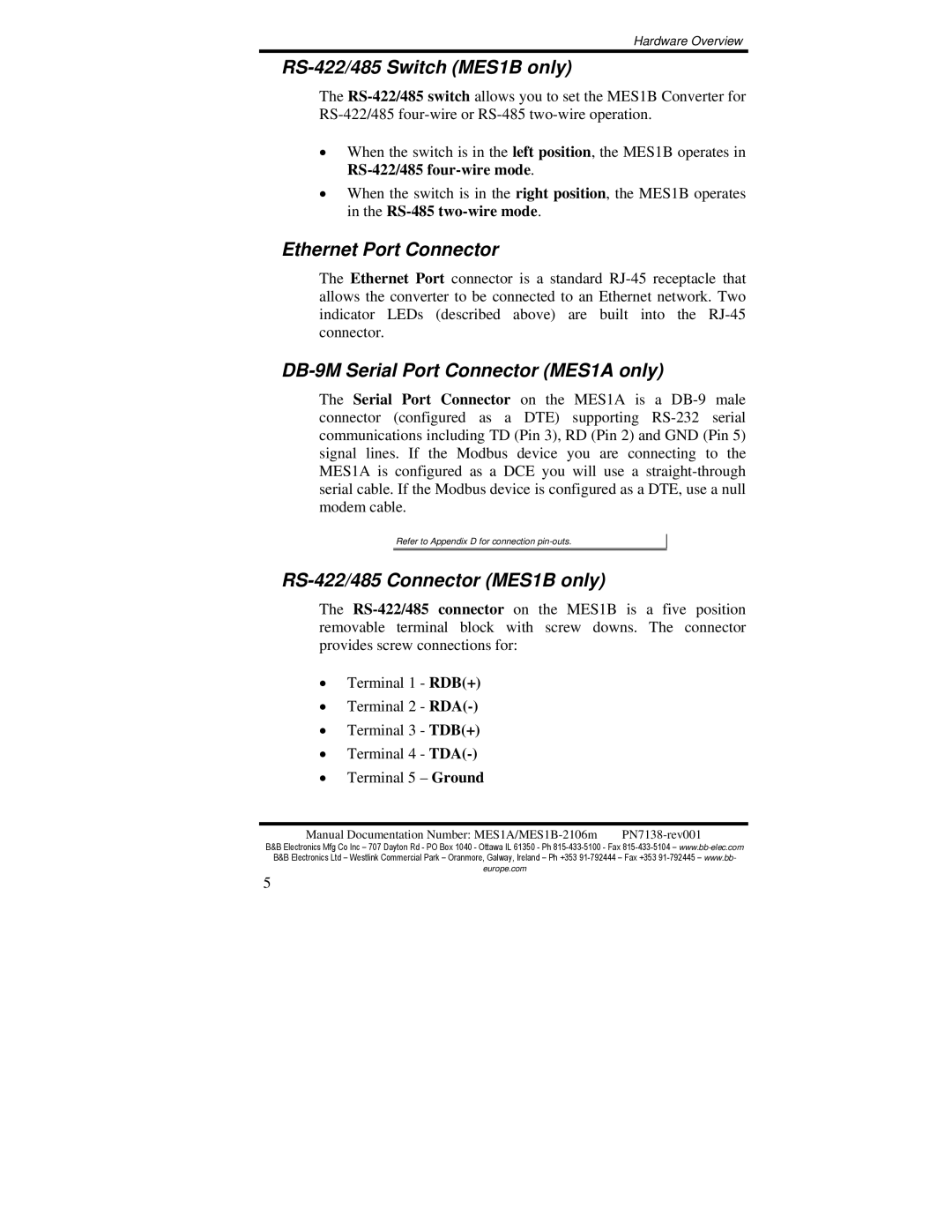 B&B Electronics manual RS-422/485 Switch MES1B only, Ethernet Port Connector, DB-9M Serial Port Connector MES1A only 