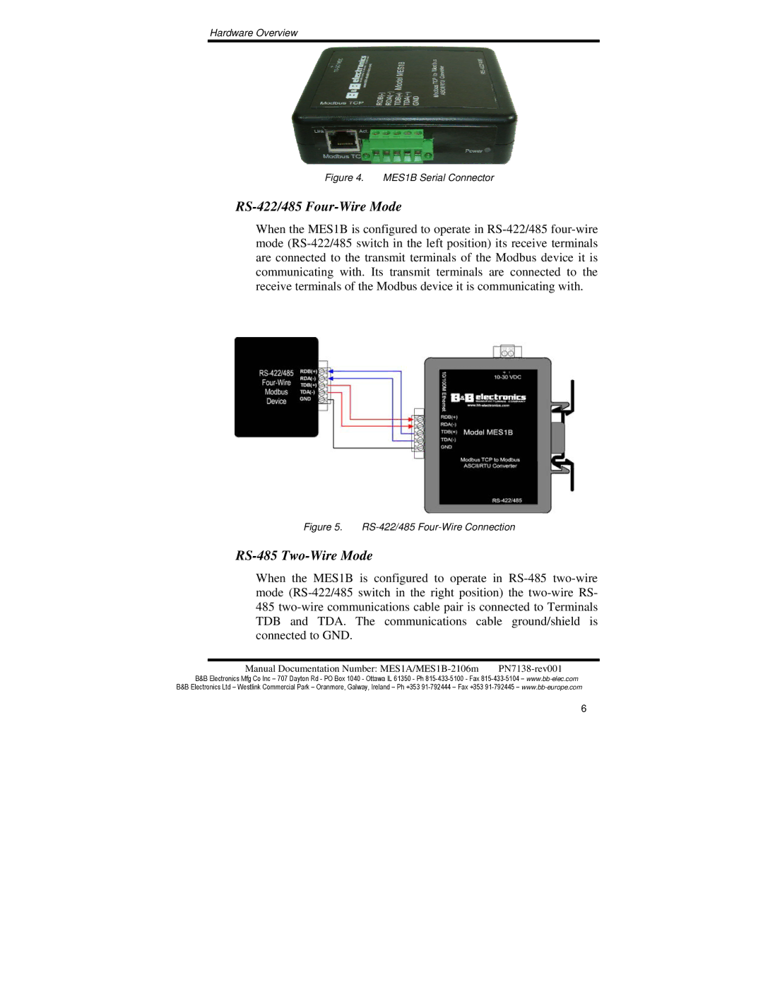 B&B Electronics MES1B, MES1A manual RS-422/485 Four-Wire Mode, RS-485 Two-Wire Mode 