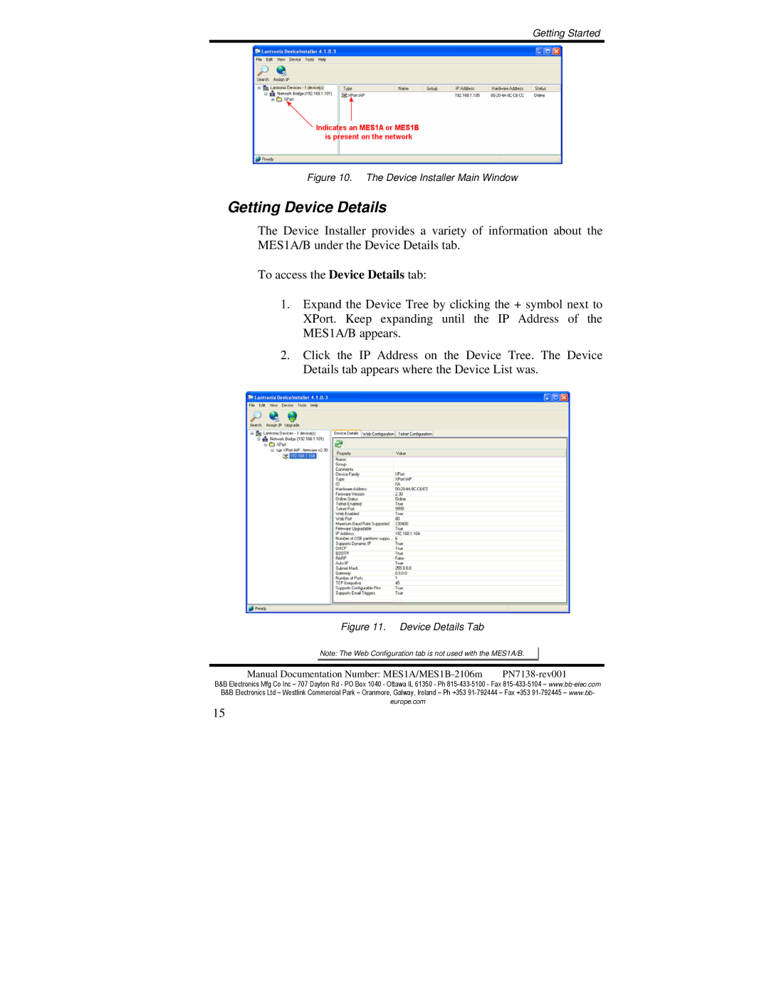 B&B Electronics MES1A, MES1B manual Getting Device Details, Device Installer Main Window 