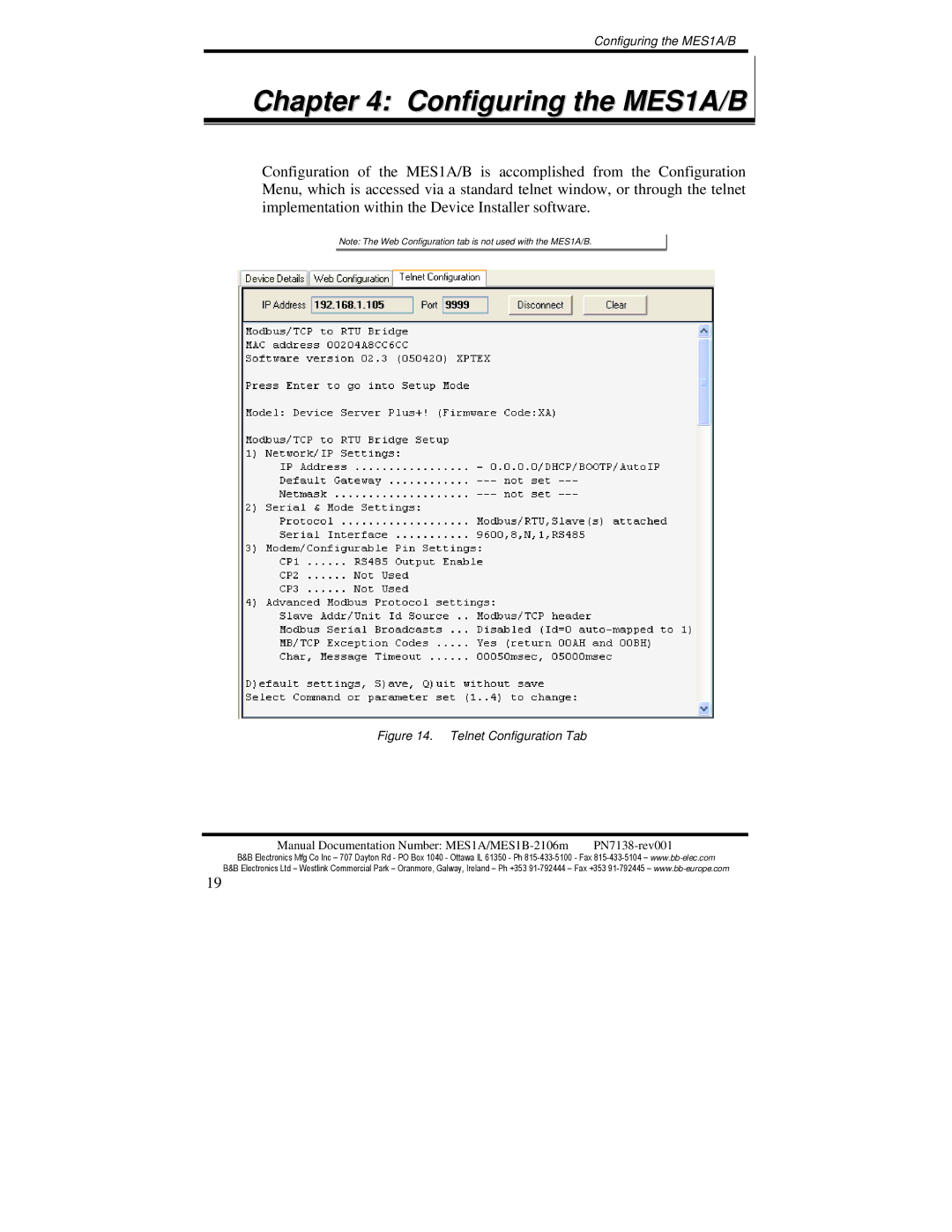 B&B Electronics MES1B manual Configuring the MES1A/B, Telnet Configuration Tab 