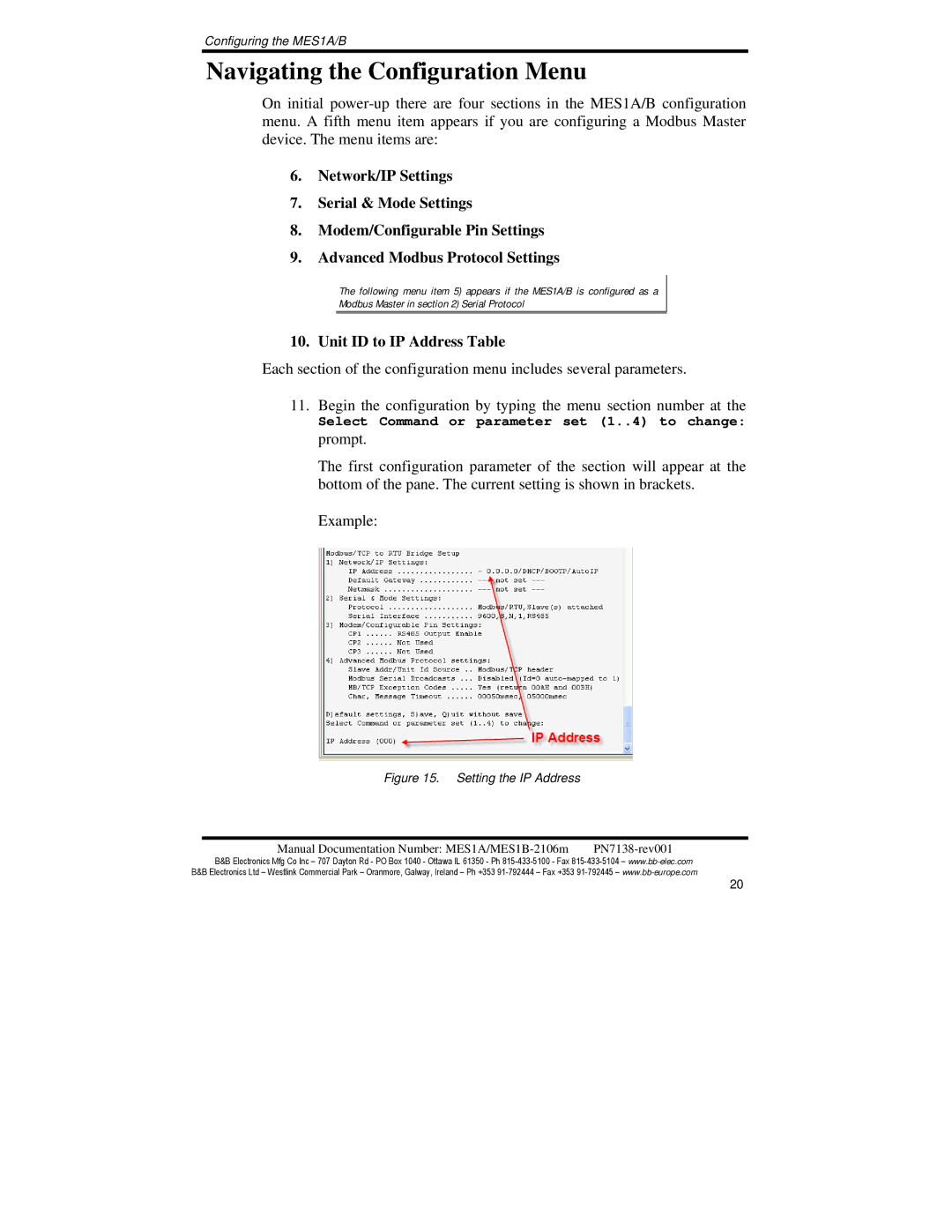 B&B Electronics MES1B, MES1A manual Navigating the Configuration Menu, Unit ID to IP Address Table 