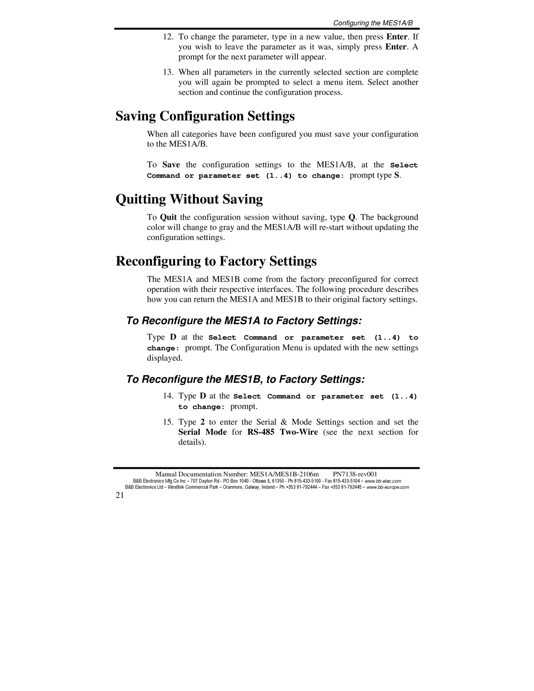 B&B Electronics MES1A, MES1B Saving Configuration Settings, Quitting Without Saving, Reconfiguring to Factory Settings 