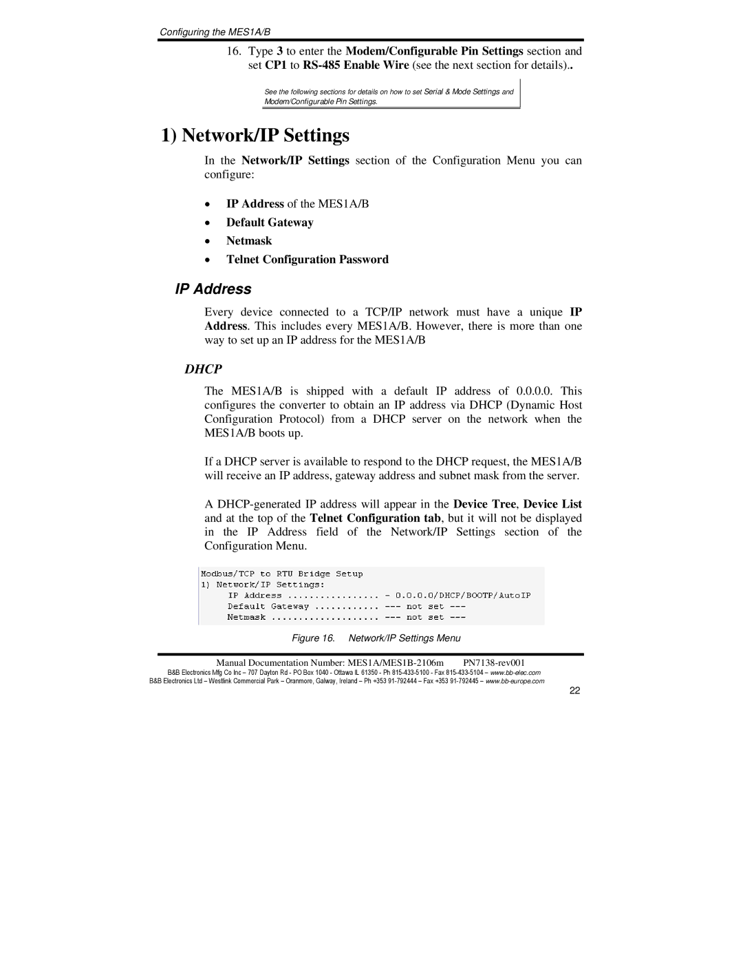 B&B Electronics MES1B, MES1A manual Network/IP Settings, IP Address 