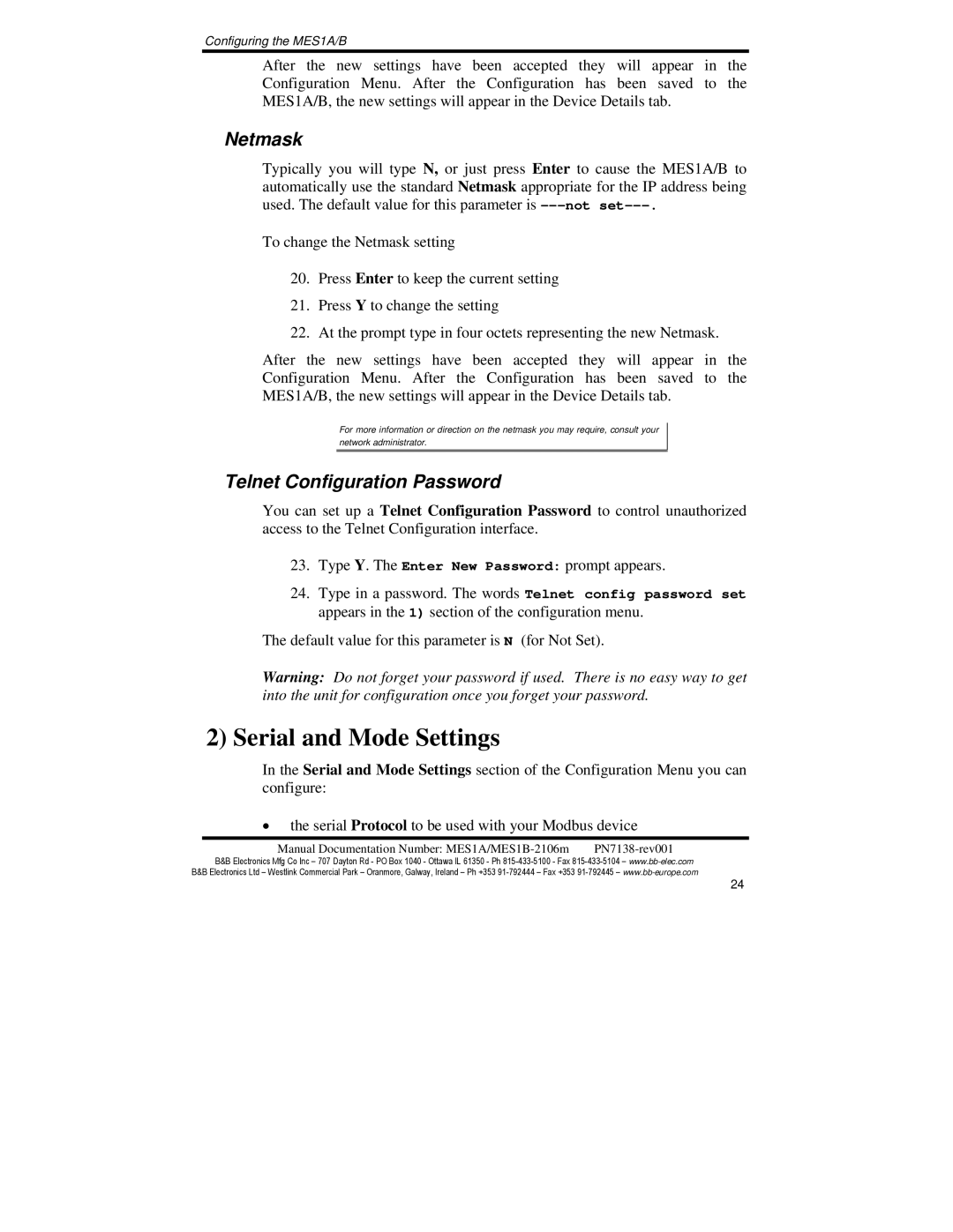 B&B Electronics MES1B, MES1A manual Serial and Mode Settings, Netmask, Telnet Configuration Password 