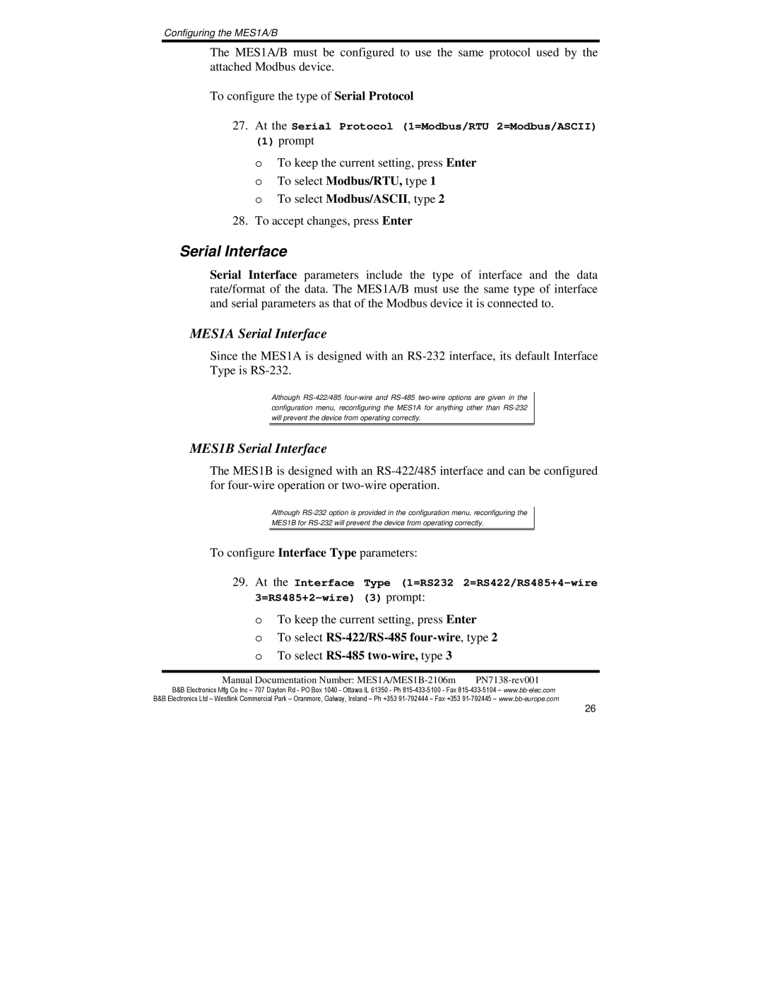 B&B Electronics manual MES1A Serial Interface, MES1B Serial Interface 