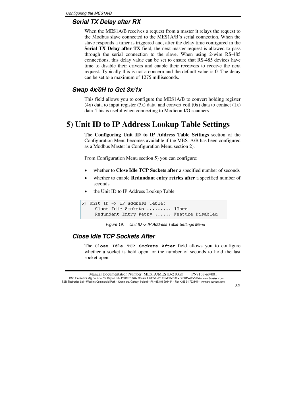 B&B Electronics MES1B manual Unit ID to IP Address Lookup Table Settings, Serial TX Delay after RX, Swap 4x/0H to Get 3x/1x 