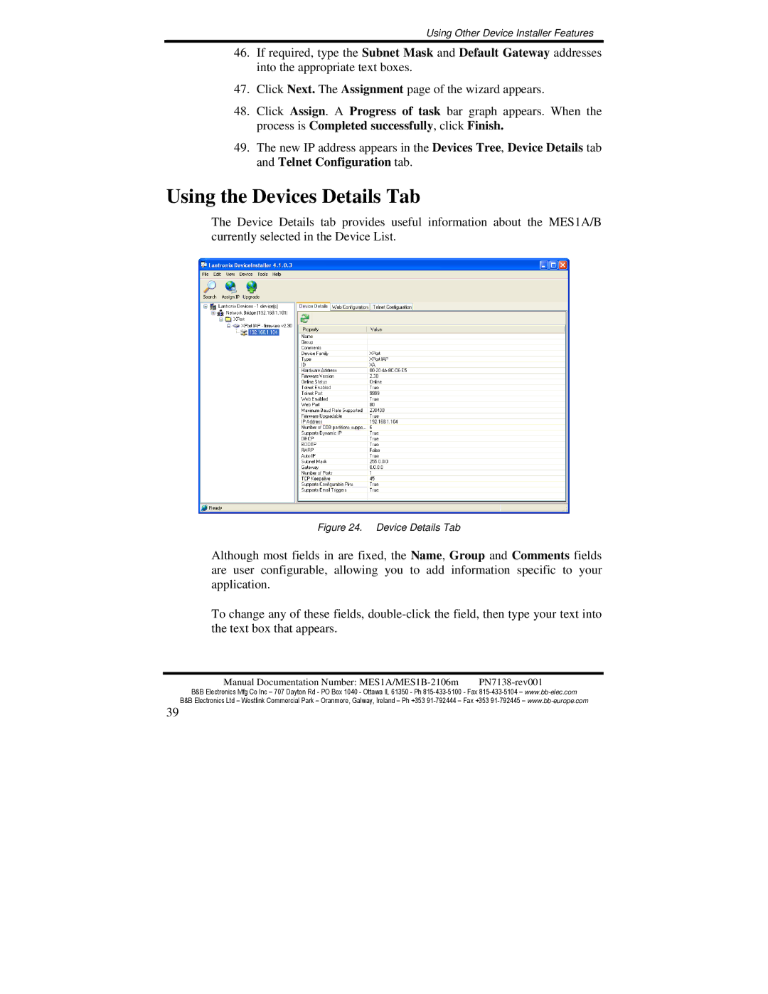 B&B Electronics MES1A, MES1B manual Using the Devices Details Tab, Device Details Tab 