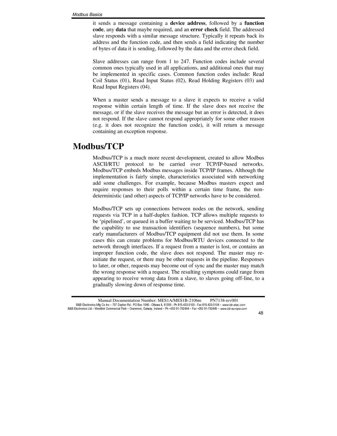 B&B Electronics MES1B, MES1A manual Modbus/TCP 