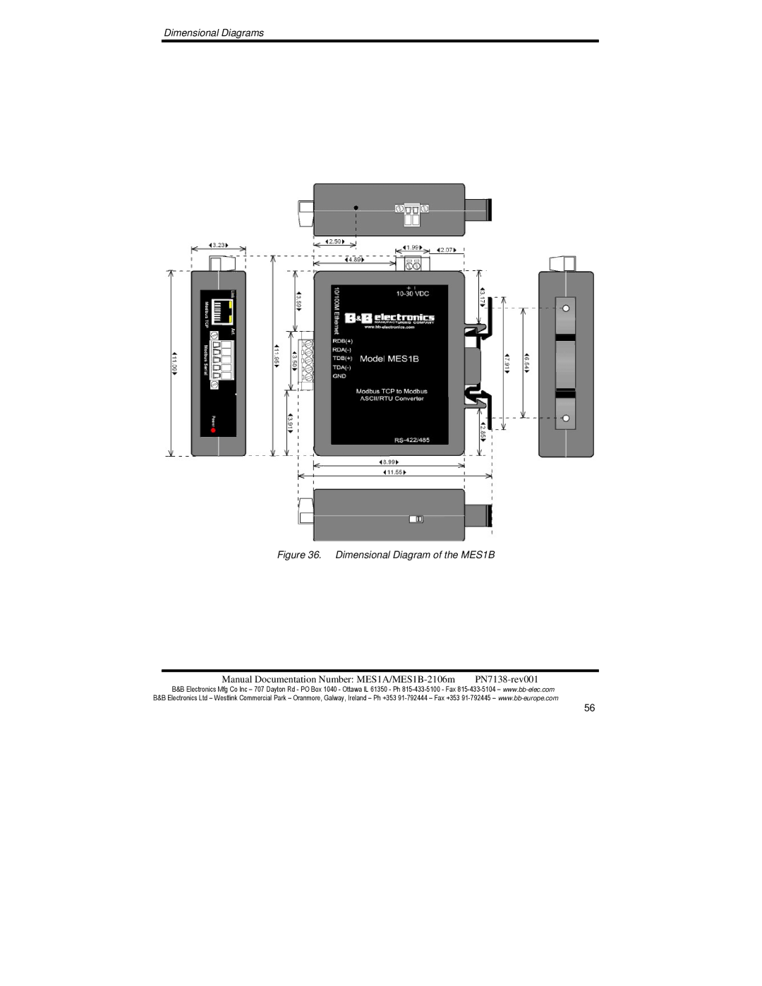 B&B Electronics MES1A manual Dimensional Diagram of the MES1B 