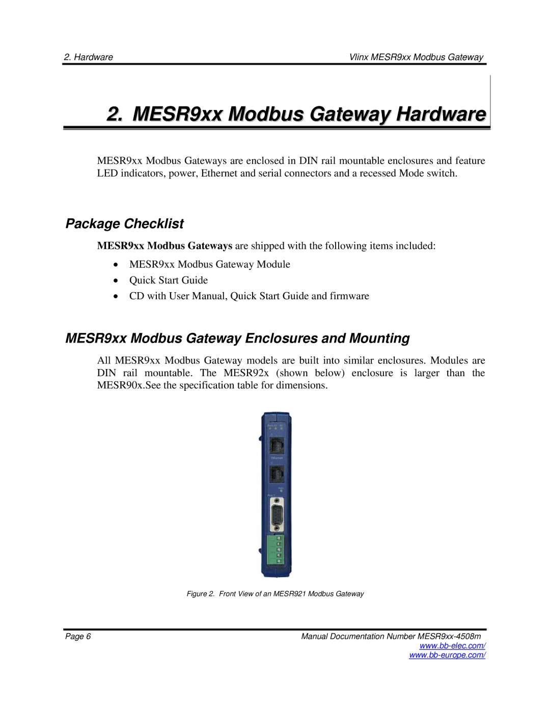 B&B Electronics MESR9xx Modbus Gateway Hardware, Package Checklist, MESR9xx Modbus Gateway Enclosures and Mounting 