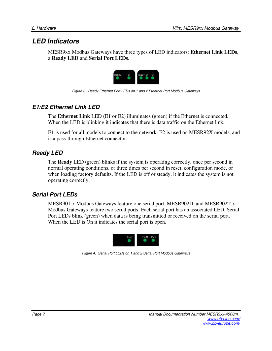 B&B Electronics MESR9xx manual LED Indicators, E1/E2 Ethernet Link LED, Ready LED, Serial Port LEDs 