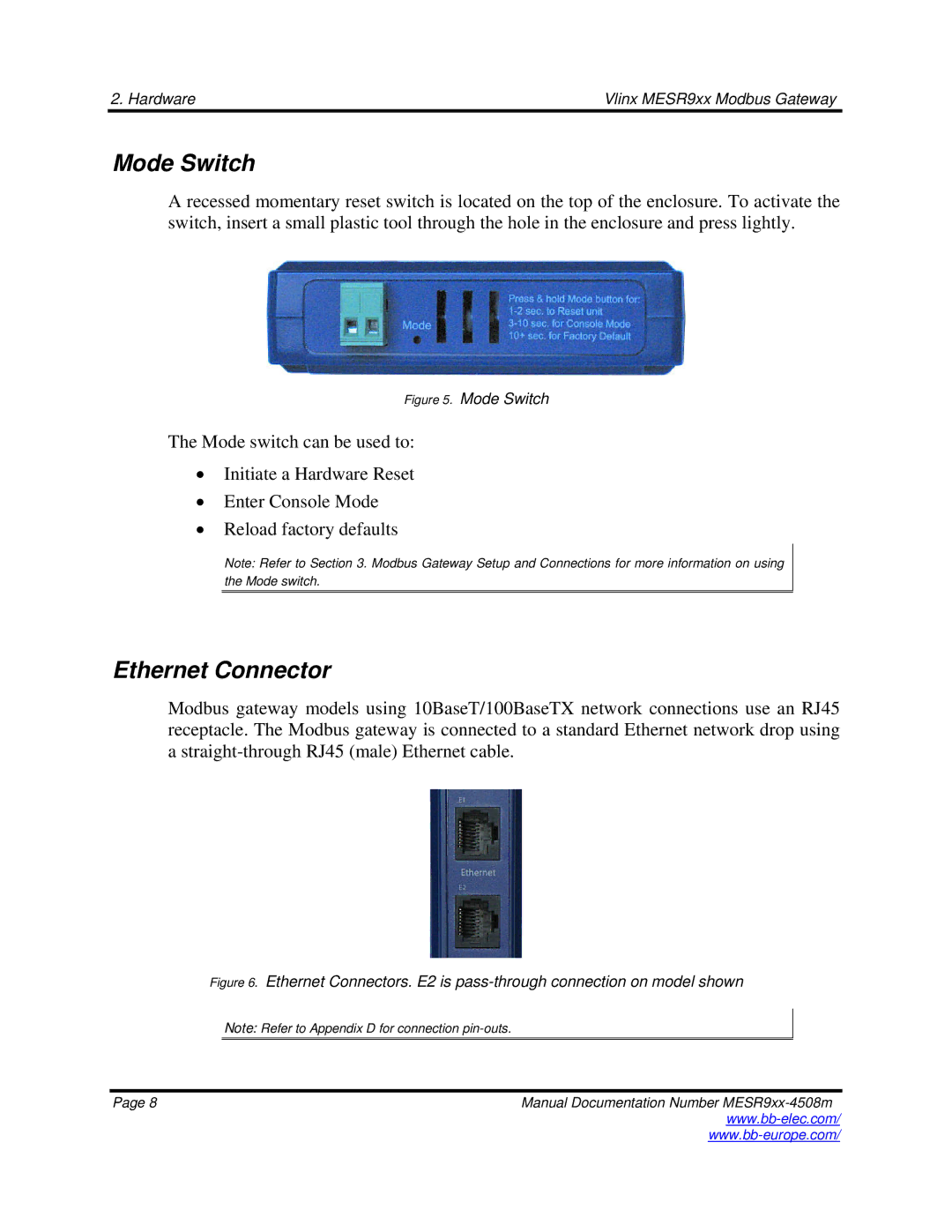B&B Electronics MESR9xx manual Mode Switch, Ethernet Connector 