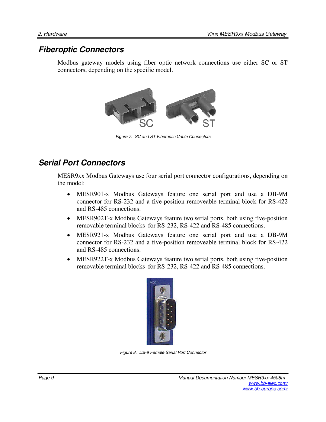 B&B Electronics MESR9xx manual Fiberoptic Connectors, Serial Port Connectors 