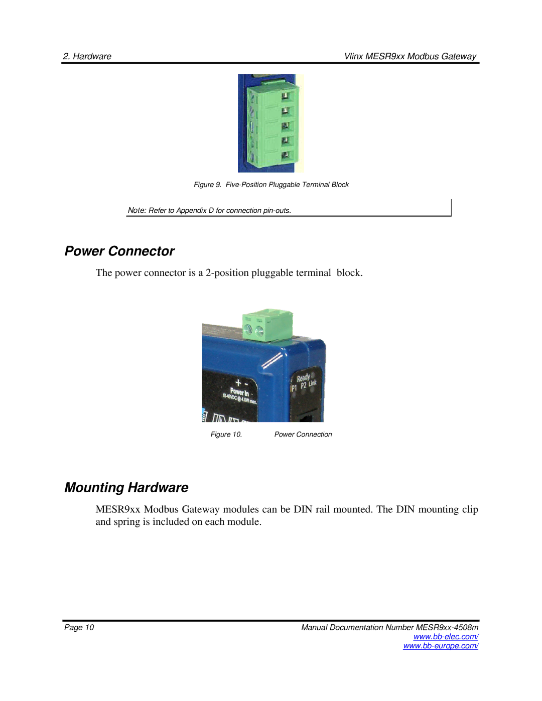 B&B Electronics MESR9xx manual Power Connector, Mounting Hardware 