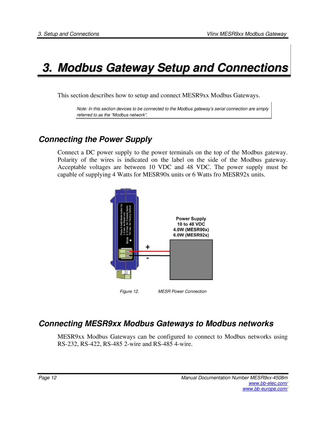 B&B Electronics MESR9xx manual Modbus Gateway Setup and Connections, Connecting the Power Supply 