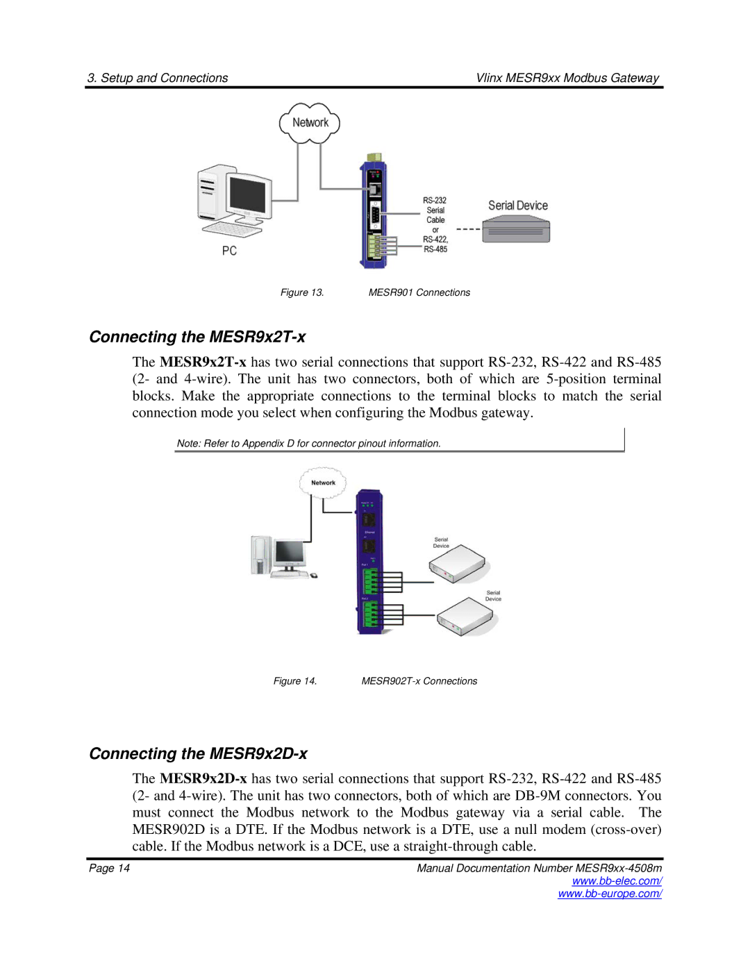B&B Electronics MESR9xx manual Connecting the MESR9x2T-x, Connecting the MESR9x2D-x 