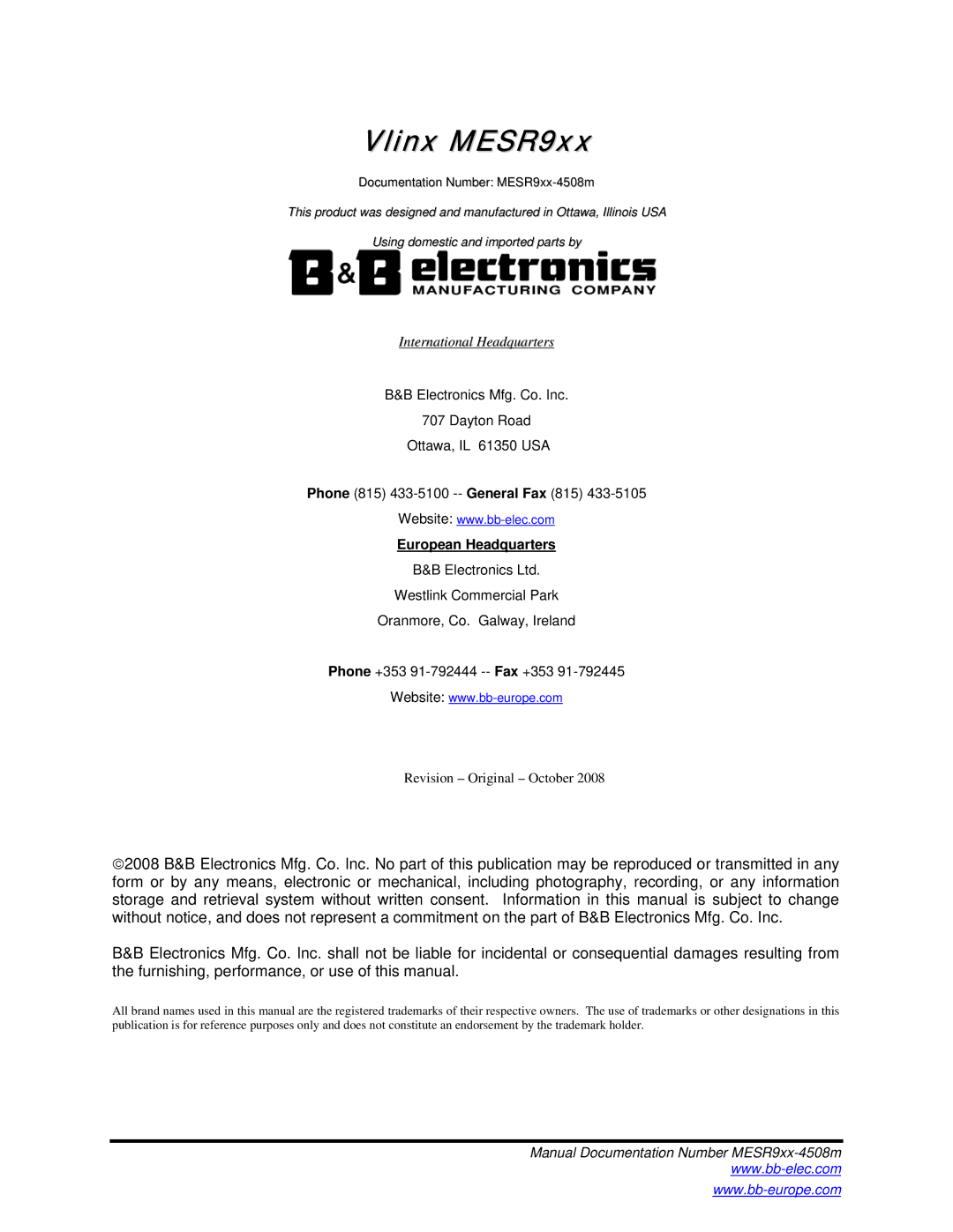 B&B Electronics manual Vlinx MESR9xx 