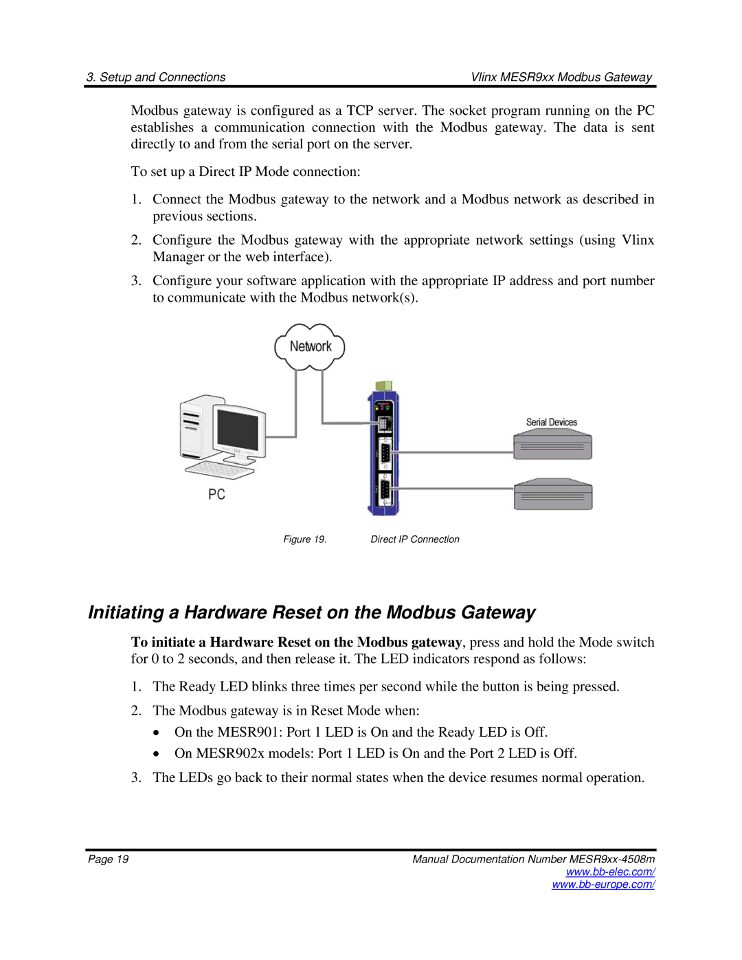 B&B Electronics MESR9xx manual Initiating a Hardware Reset on the Modbus Gateway, Direct IP Connection 