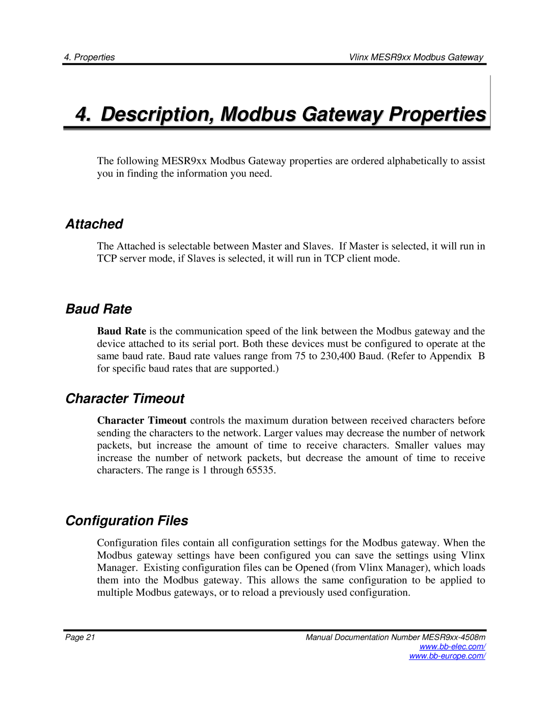 B&B Electronics MESR9xx manual Description, Modbus Gateway Properties, Attached, Baud Rate, Character Timeout 