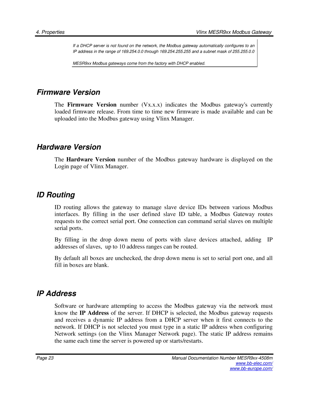 B&B Electronics MESR9xx manual Firmware Version, Hardware Version, ID Routing, IP Address 