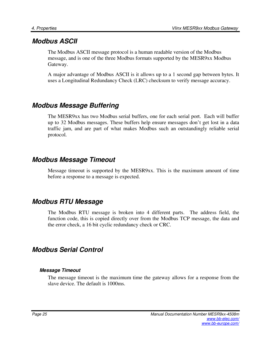 B&B Electronics MESR9xx manual Modbus Ascii, Modbus Message Buffering, Modbus Message Timeout, Modbus RTU Message 