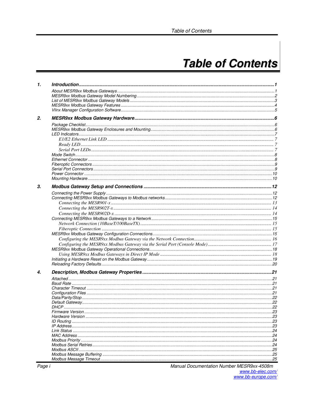 B&B Electronics MESR9xx manual Table of Contents 