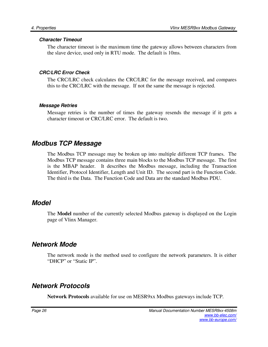 B&B Electronics MESR9xx manual Modbus TCP Message, Model, Network Mode, Network Protocols 