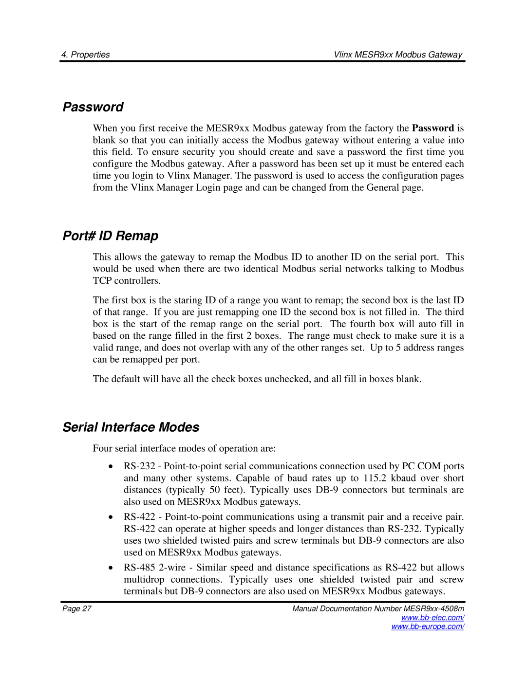 B&B Electronics MESR9xx manual Password, Port# ID Remap, Serial Interface Modes 