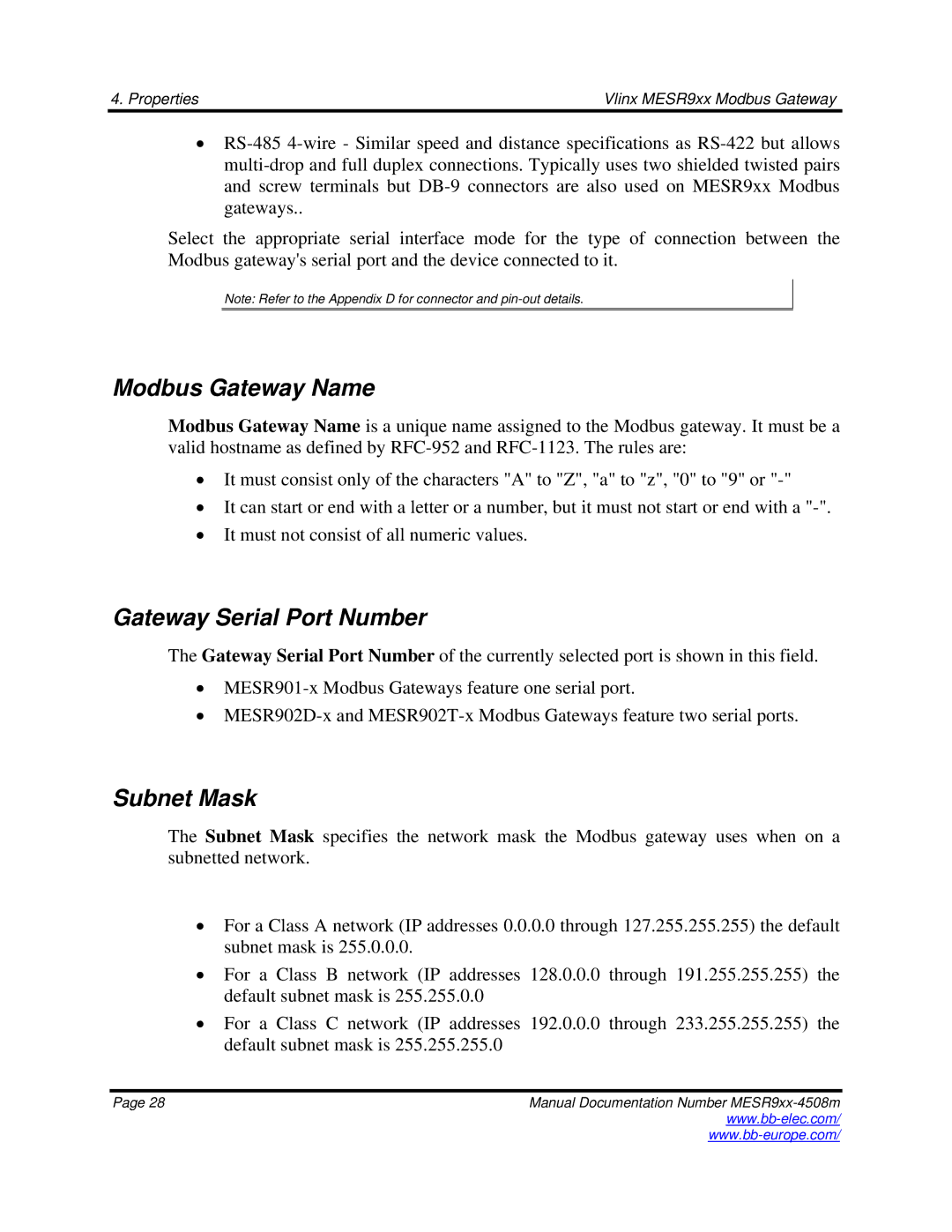 B&B Electronics MESR9xx manual Modbus Gateway Name, Gateway Serial Port Number, Subnet Mask 