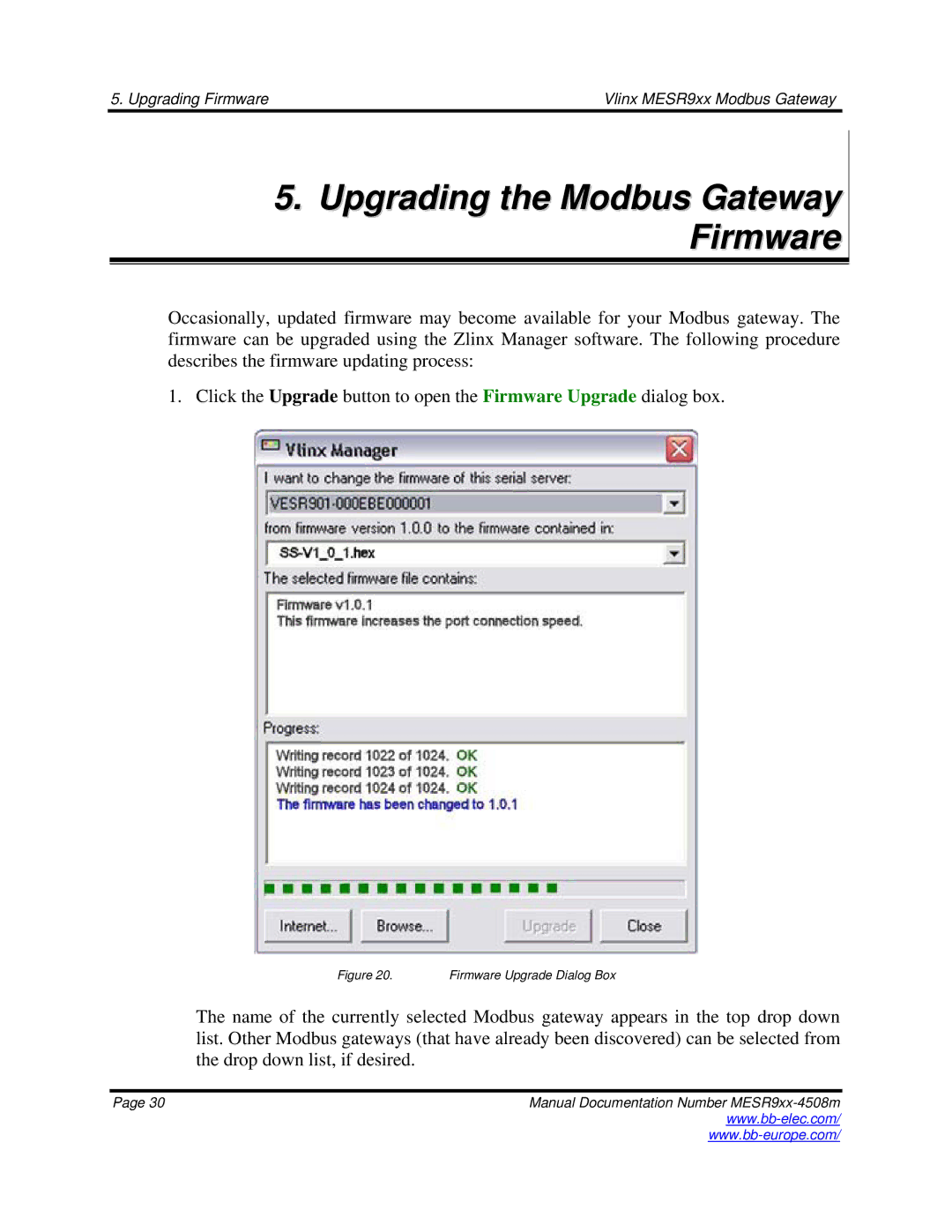 B&B Electronics MESR9xx manual Upgrading the Modbus Gateway Firmware, Firmware Upgrade Dialog Box 