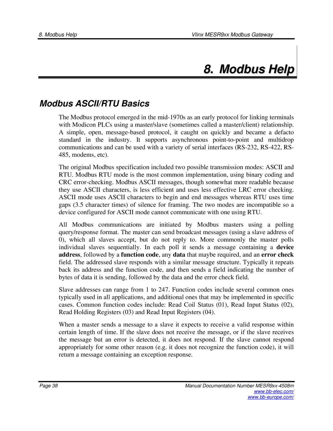 B&B Electronics MESR9xx manual Modbus Help, Modbus ASCII/RTU Basics 