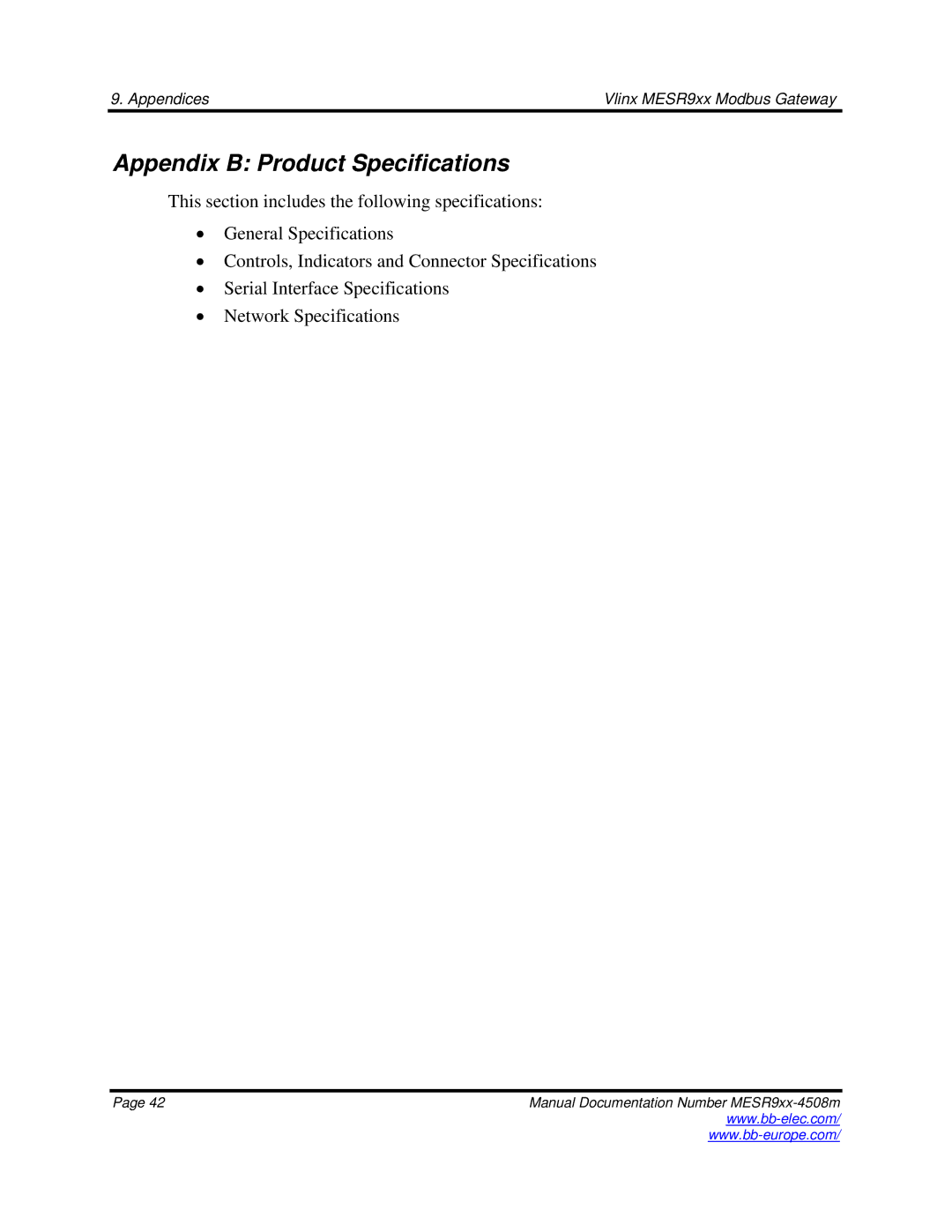 B&B Electronics MESR9xx manual Appendix B Product Specifications 