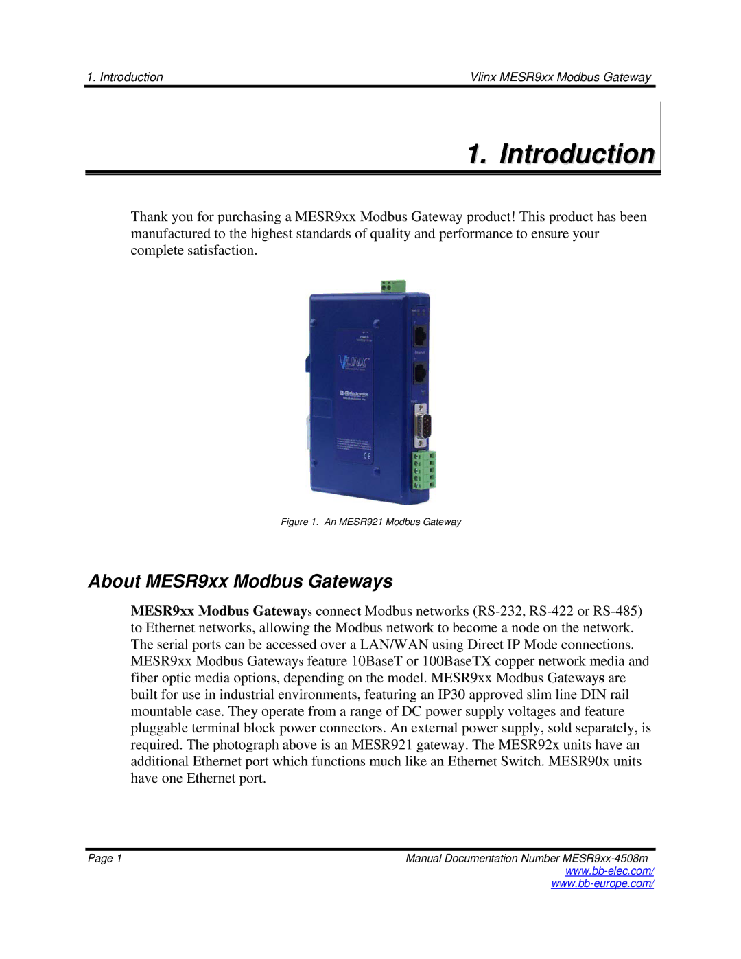 B&B Electronics manual Introduction, About MESR9xx Modbus Gateways 